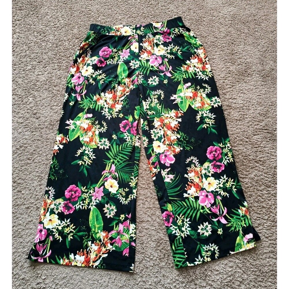 Pull On Wide Leg Pants G.I.L.I.  Large Floral Side Slit Resort Vacation Stretch
